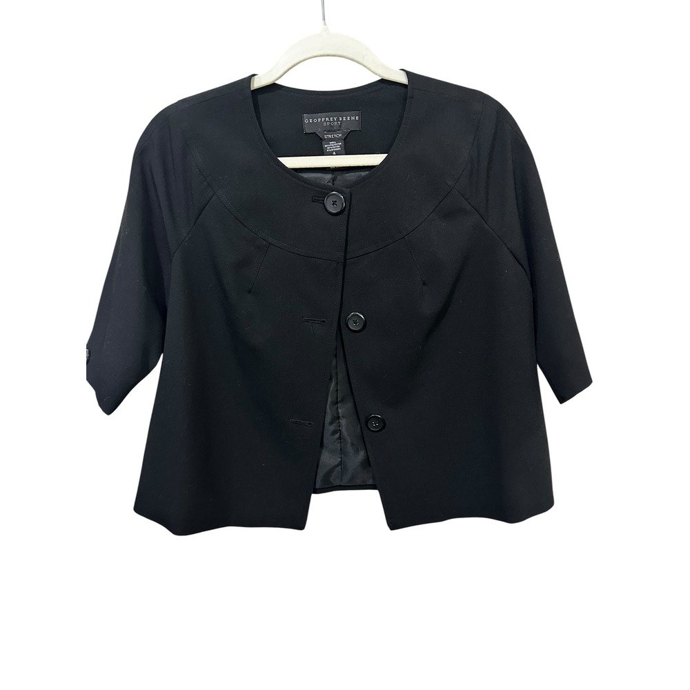 Geoffrey Beene Sport Womens Black Cropped Blazer Jacket Stretch 4‎ Collarless